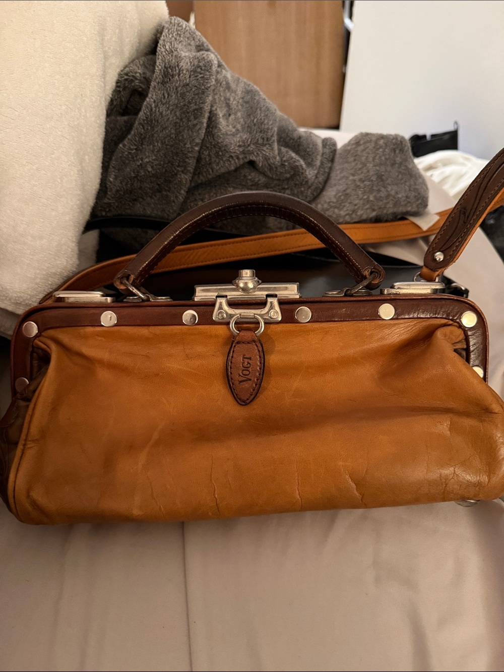 VOGT Cognac Leather Doctor Satchel with Dark Brown Trim